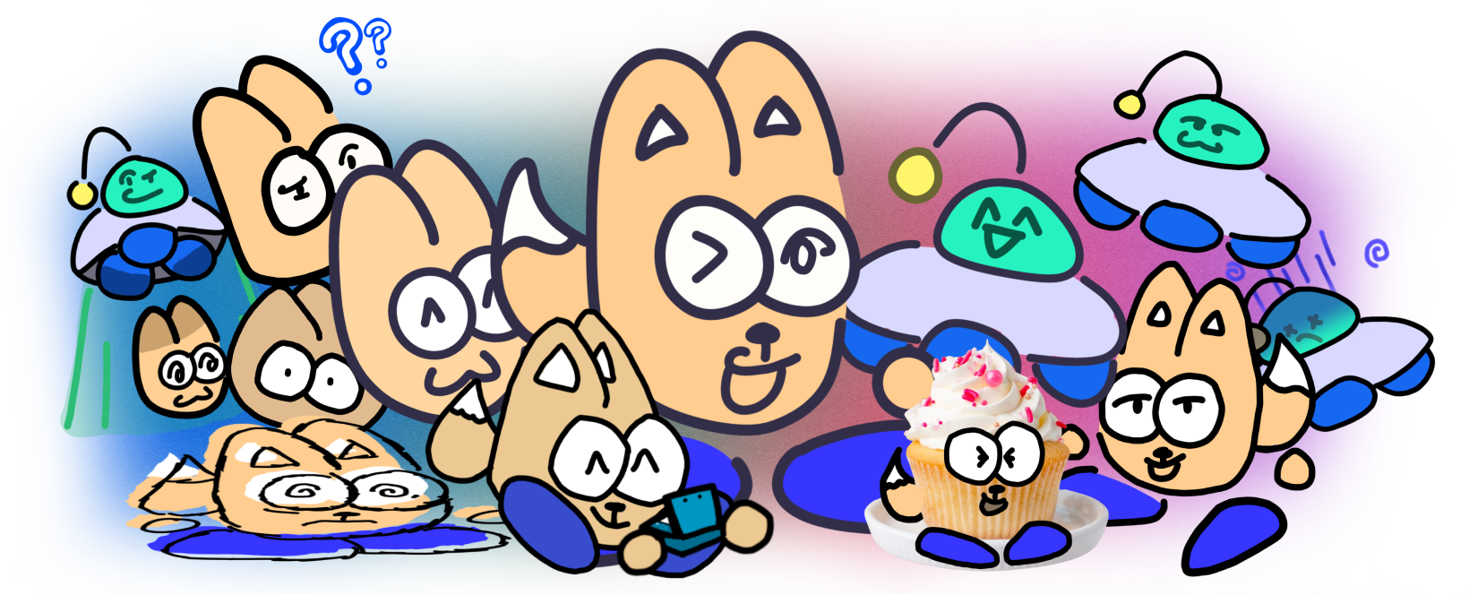 Collage of multiple drawings of Sirkorgo, Widget, and Mono.